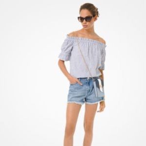Michael Kors Striped Linen Off the Shoulder Top